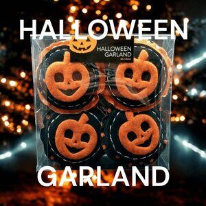 Halloween Pumpkins Garland Jack O'Lantern Banner Felt Polka Dots 6ft Mantel Deco